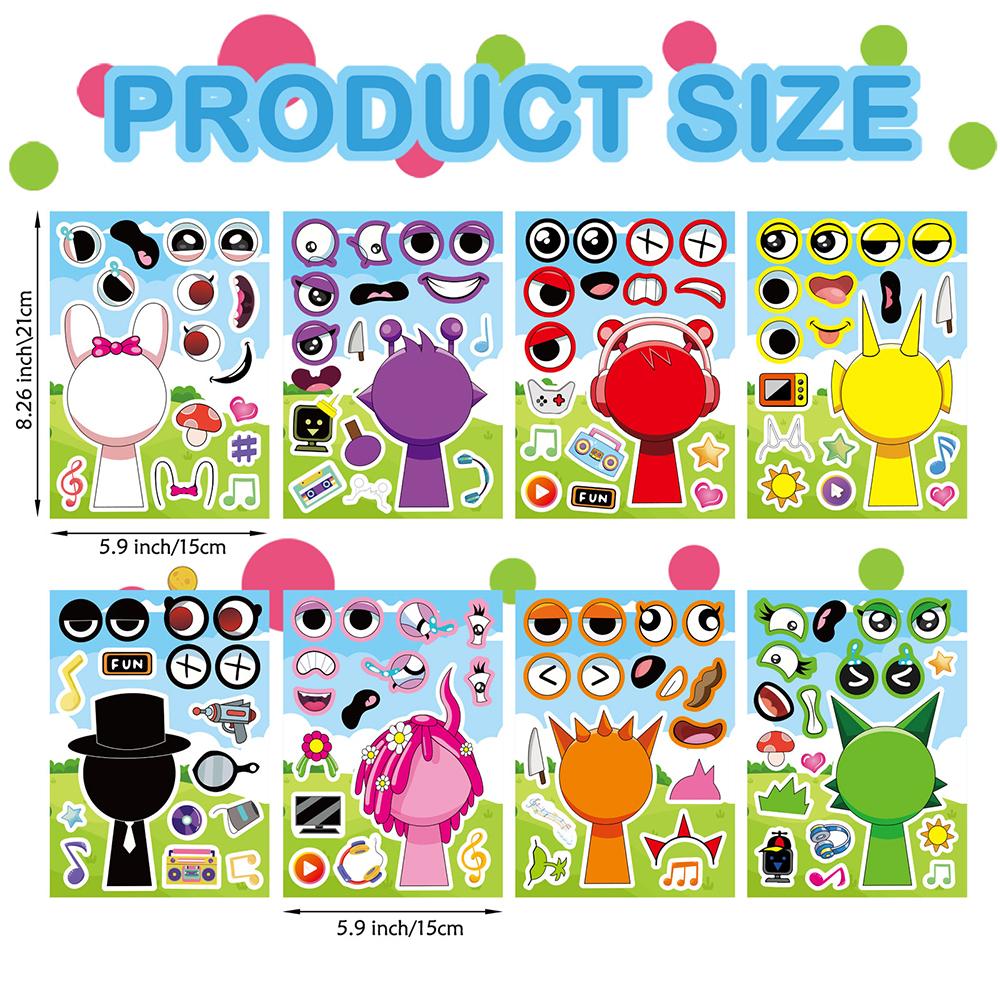 8/16Sheets Anime Sprunki Funny Puzzle Sticker Make a Face Decals Game Kids Toys Cartoon Assemble Jigsaw Children Party Gift