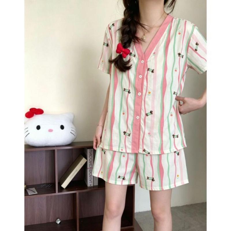 Women s Summer V-Neck Short Sleeve Pajama Set - Sweet Girly Casual Cardigan with Shorts XL, XXL