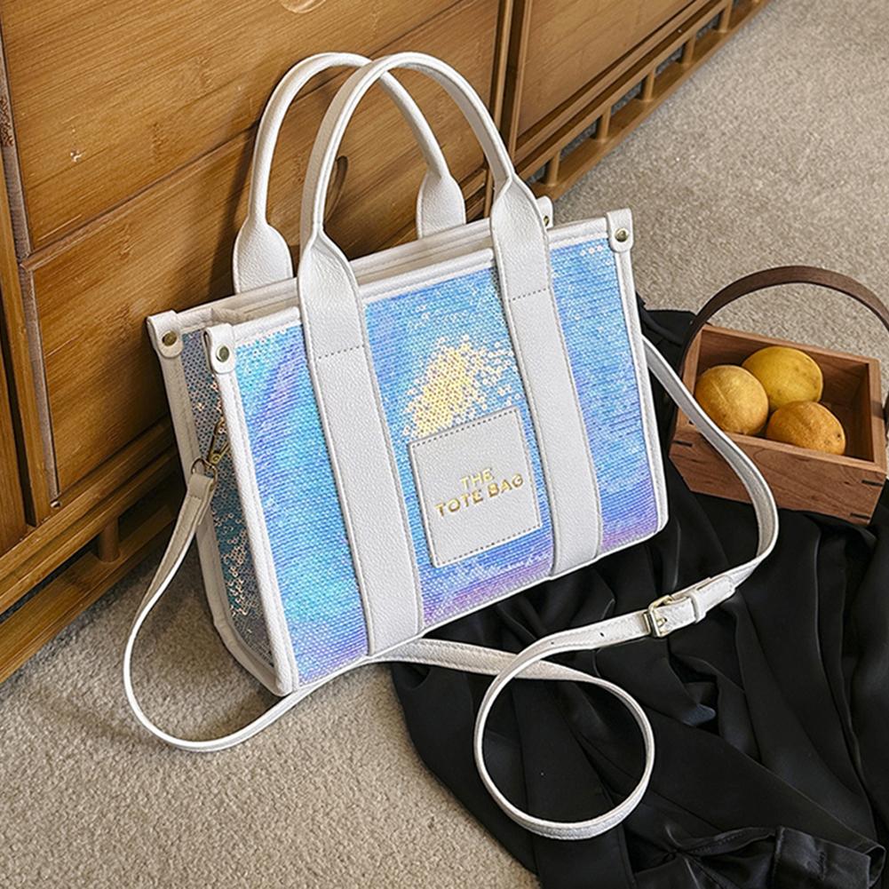 Women Party Tote Bag PU Leather Sequins Top-Handle Bags Casual Fashion Shiny Portable Adjustable Straps Shopper Tote Purse