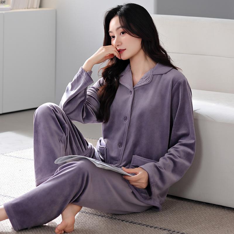 Island Fleece Winter Cardigan Pajamas Women's Thickened Lapel Skin-friendly Warm Fleece Loose Coral Fleece Loungewear Set