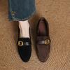 Krazing Pot Sheep Suede Autumn Winter Shoes Metal Buckle Loafers Med Heels Slip on Size 42 Round Toe Slip on Deep Mouth Pumps