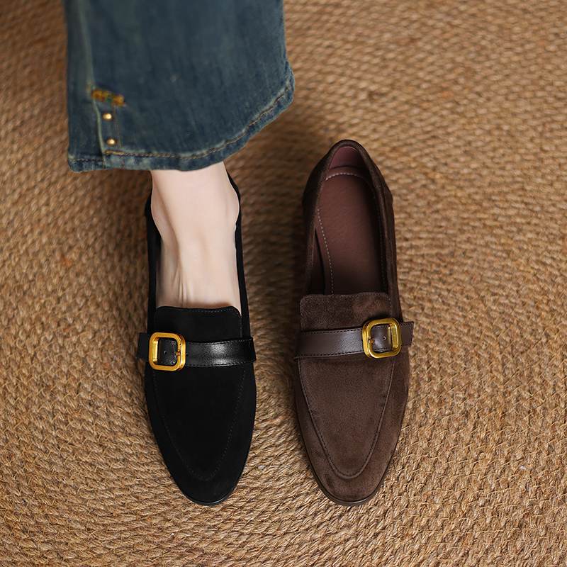 Krazing Pot Sheep Suede Autumn Winter Shoes Metal Buckle Loafers Med Heels Slip on Size 42 Round Toe Slip on Deep Mouth Pumps