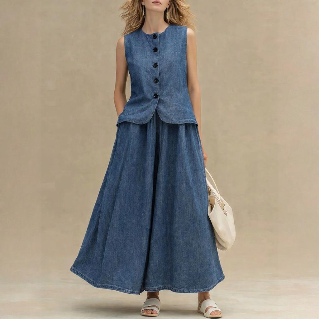 Ladies' Casual Round Neck Sleeveless Loose Denim Top And High Waisted A-line Skirt Denim Suit