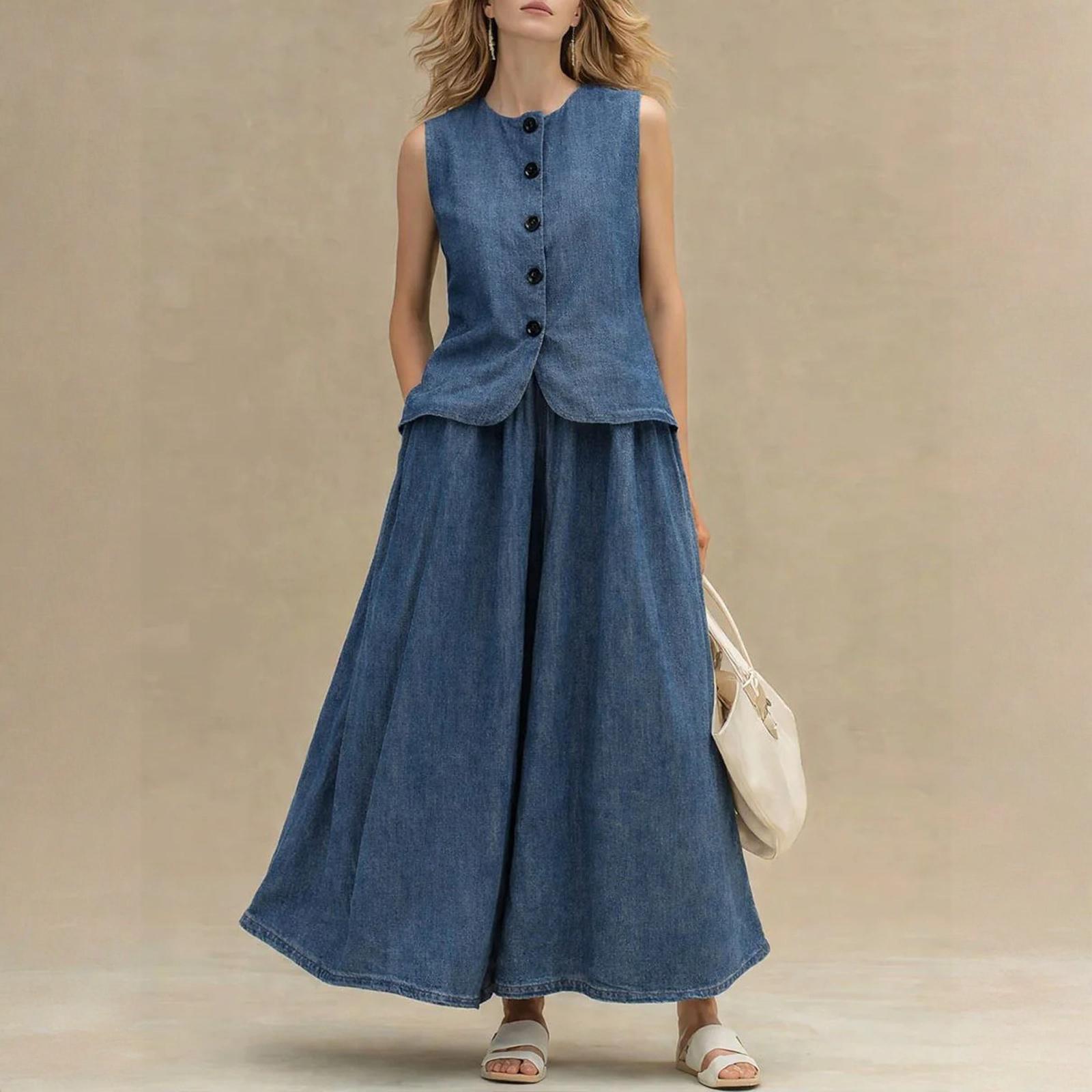 

Ladies Casual Round Neck Sleeveless Loose Denim Top And High Waisted A-line Skirt Denim Suit XL Темно-синій