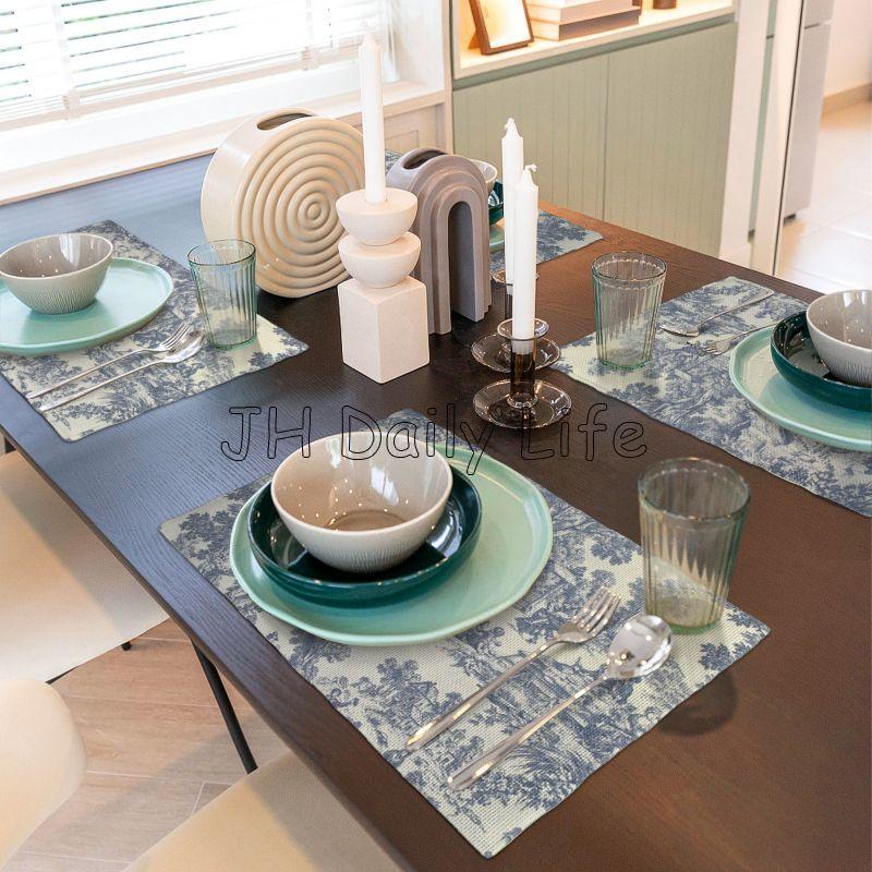 French Toile De Jouy Placemats Sets of 4 Waterproof Heat Resistant Linen Table Mats for Home Party Dining Table Decor 12x18 Inch