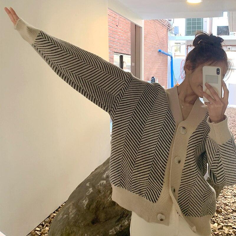 Pruhované pletené vesty Svetr Ženy Vintage kabát s dlouhým rukávem Móda Streetwear Volné Dámské topy