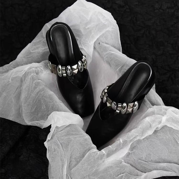 French temperament bag head shoes, women's one-pedal metal buckle square head half slippers, genuine leather inner height-increasing sandals