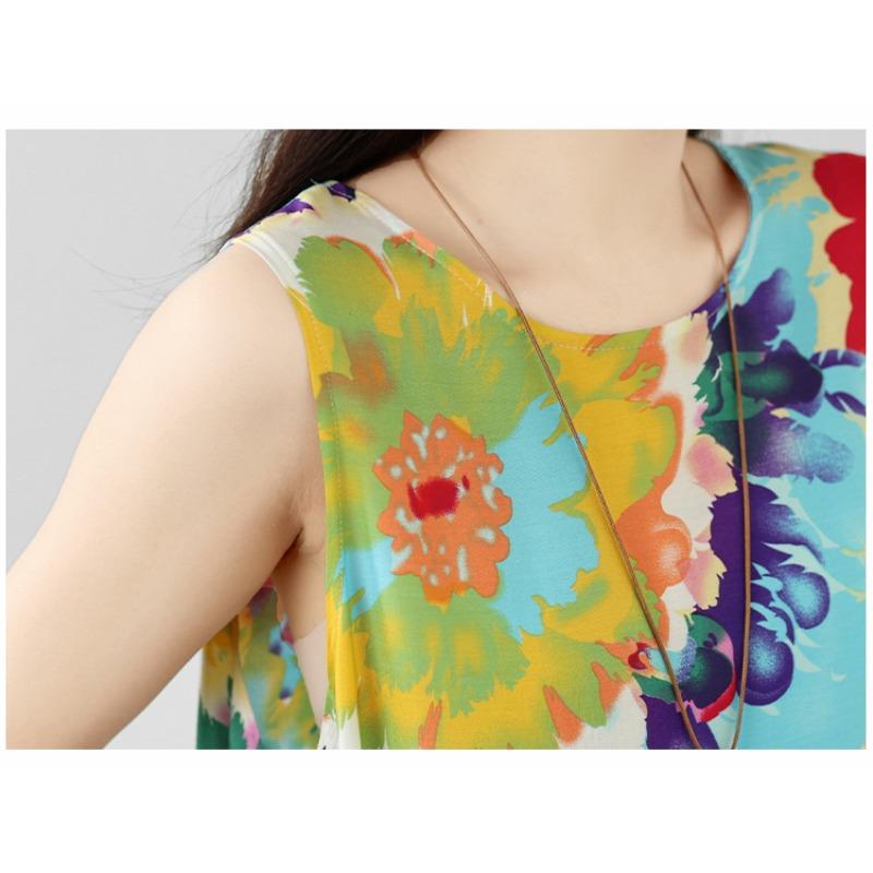 DIMANAF 2026 Women Plus Size Summer Beach Lady Long Dress Clothing Vest Sleeveless Vintage Loose Oversize Maxi Print Sundress