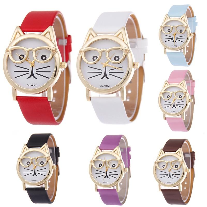 Cat Glasses Face Womens Watch Cartoon Solid Color No Word Gold Frame Daily Wear