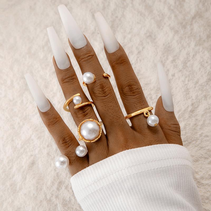 Accessories, Baroque special-shaped hollow pearl ring, geometric pendant stacked iron ring set