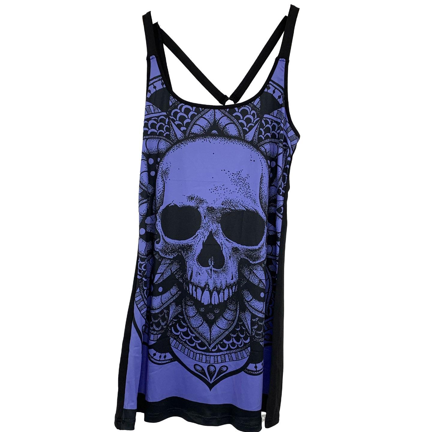 

Топ на бретельках на спагетти, женский топ на бретелях с принтом черепа, весна-лето, длинная футболка без рукавов и открытой спины, черные майки на Хэллоуин 2XL фиолетовый