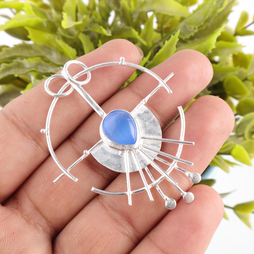 Dark Blue Cat's Eye 925 Sterling Silver Pendant, Handmade Gemstone Pendant, Appealing Cat's Eye Gemstone Jewelry, Yoga Jewelry For Grandma Gift