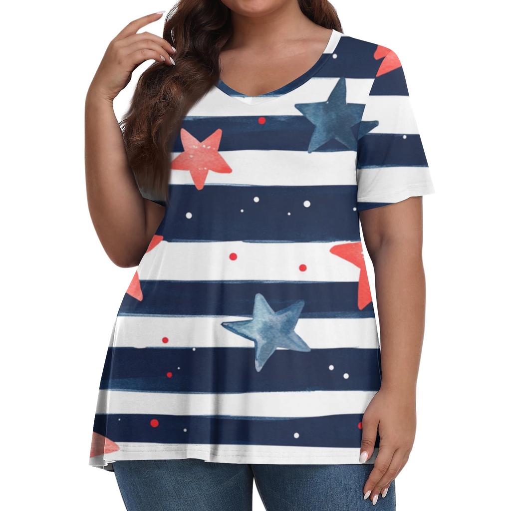 Women's Fashion Casual V-Neck Pullover Short Sleeve Large Size Independence Day Printed T-Shirt Top