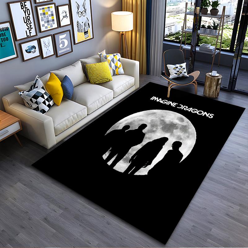 Rock Band Area Rug, Imagine Dragons Band Silhouette Full Moon Black White Minimal Print, Rock Music Decor, Non-Slip Mat