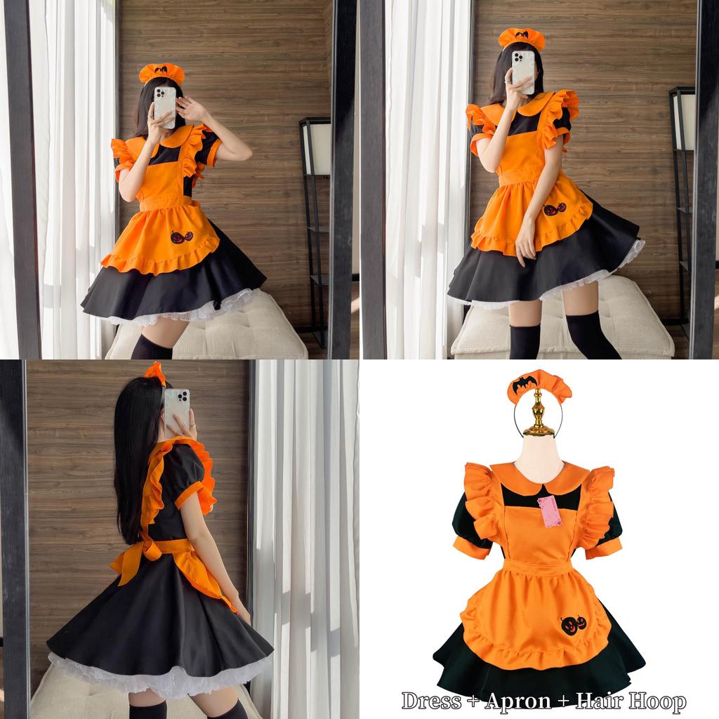 Cute Lolita Pumpkin Maid Halloween Party Costume Dress With Headdress