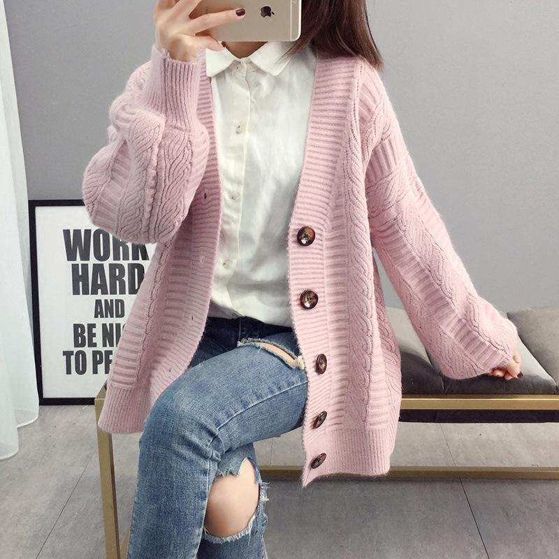 Women's Lantern Sleeve Knitted Cardigan - 2026 Autumn New Style, Solid Color, Versatile, Loose Fit Sweater
