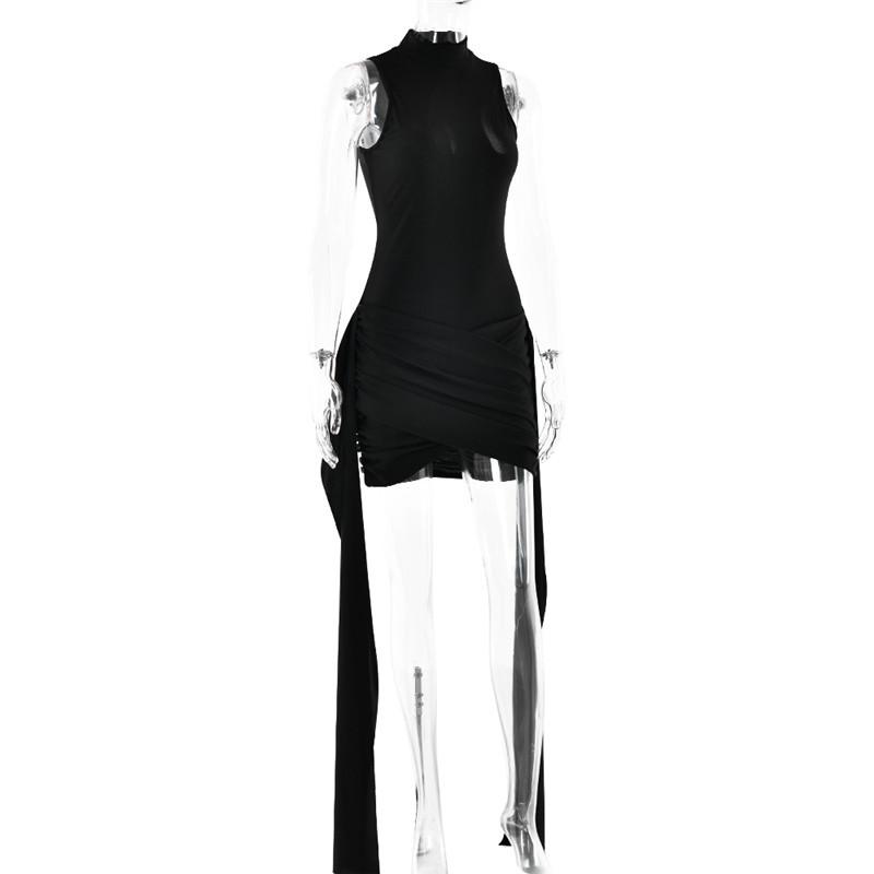 Turtleneck Sleeveless Sexy Irregular Ruched Tank Mini Dress