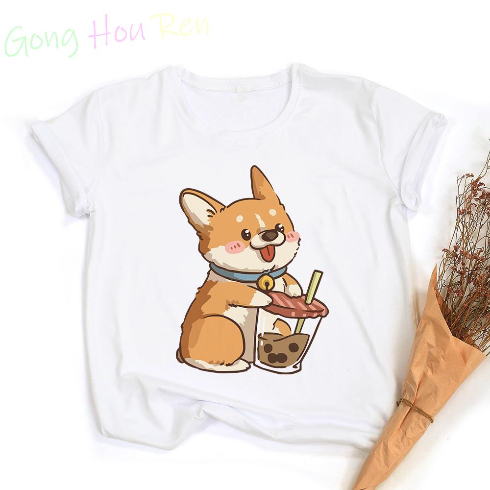 Kawaii Corgi T-shirt Woman Clothing Funny Animal Print Graphic T Shirts Tops Casual Harajuku  Women's Sumer Clothes Short Sleeve