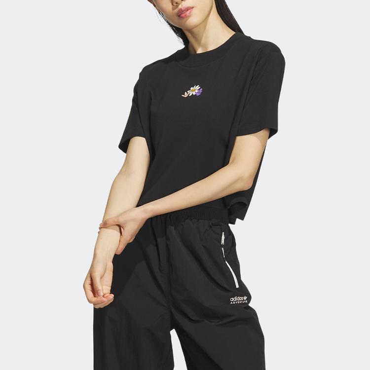 Adidas Originals Trefoil Tee With Monochrome Floral Print Details Women Tops Black IK8641
