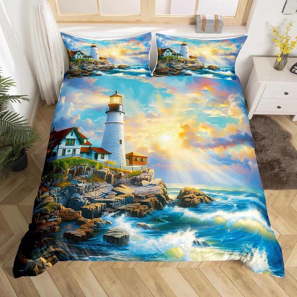 Ocean Beach Duvet Cover Full Lighthouse Comforter Cover Floral Butterfly Bedding Set for Adults Kids Summer Vacation Quilt Cover