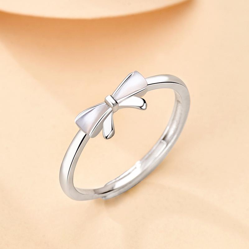 S925 Sterling Silver Mother-of-Pearl Bow Ring, Adjustable Pinky or Index Finger Design, Trendy and Fresh Style.