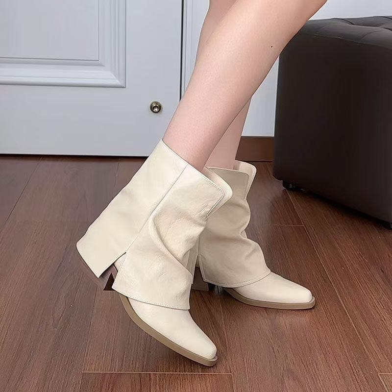Fashion Vintage Thick Heel Women Ankle Boots Fashion Pointed Toe Pleated Shoes Autumn Winter Ladies Elegant Trouser Legs Short Booties