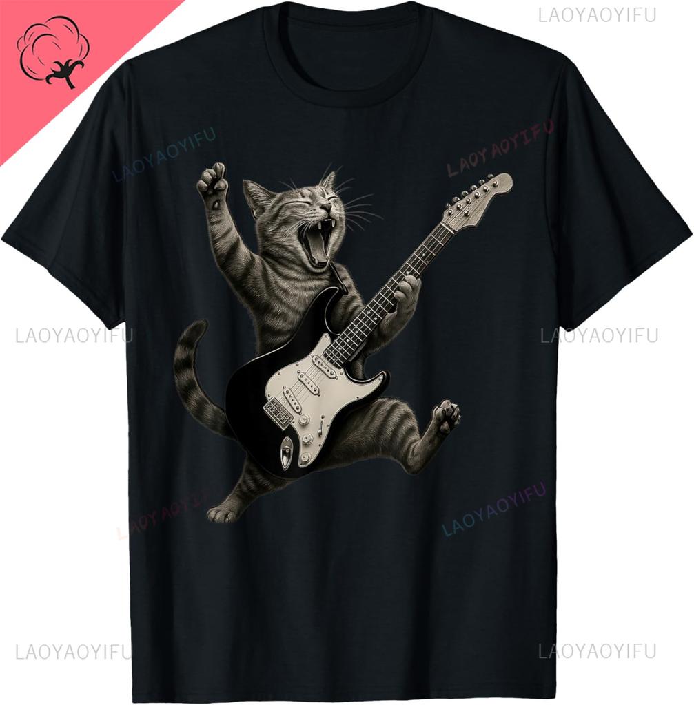 Cat Playing Guitar Rock Star Rock and Roll for Men Women T-Shirt Print Original Design Gifts T Shirts Camiseta Hombre