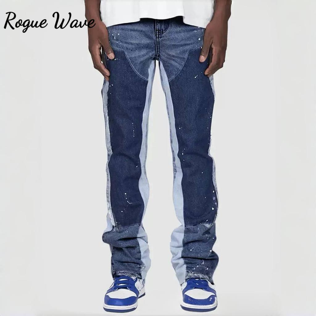 RogueWave Europäische und Amerikanische Street Jeans Straight-Leg Splicing Schlaghosen Trendige Denim Hosen