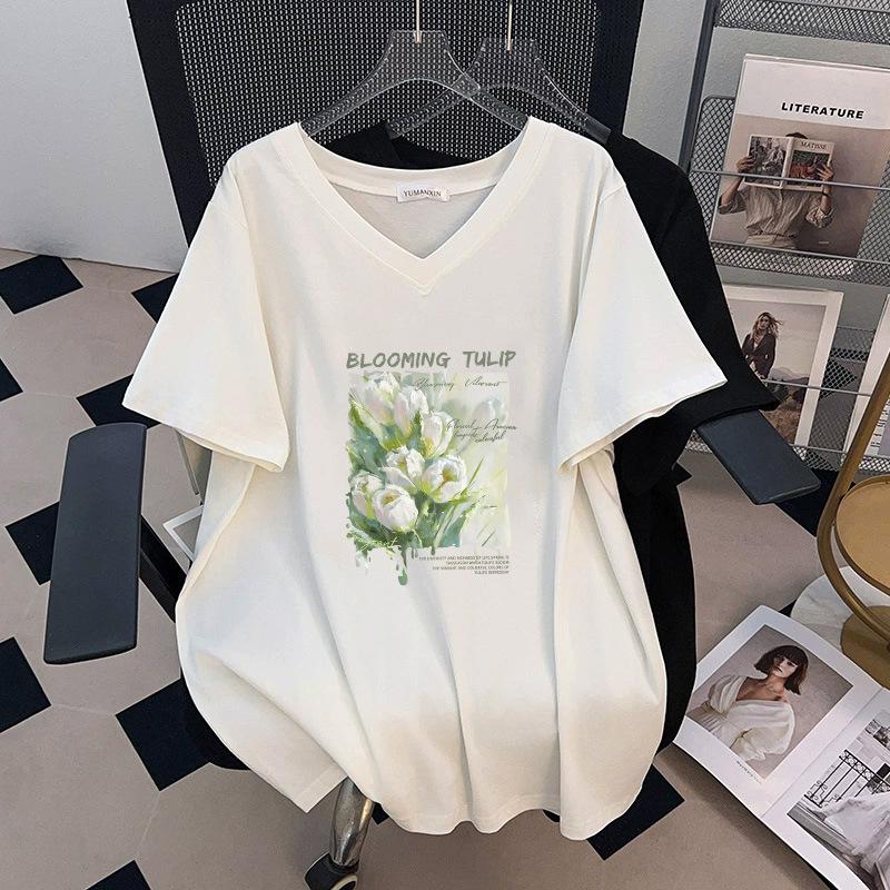 

Plus Size V-Neck Mid-Length Short-Sleeve Loose T-Shirt for Women (200-350 Jin) 2XL