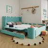 Children's Upholstered Double Bed, Foldable Side Shelf, Storage Drawer, Castle Design, Soft Anti-Collision Edges, French Velvet, Blue-Green, 140x200cm
