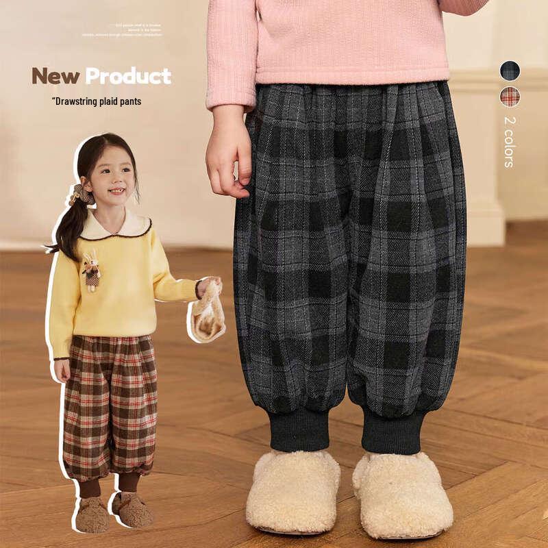 LUSON O-Baby Girls 2025 Winter Fleece Lined Plaid Cuffed Pants 140
