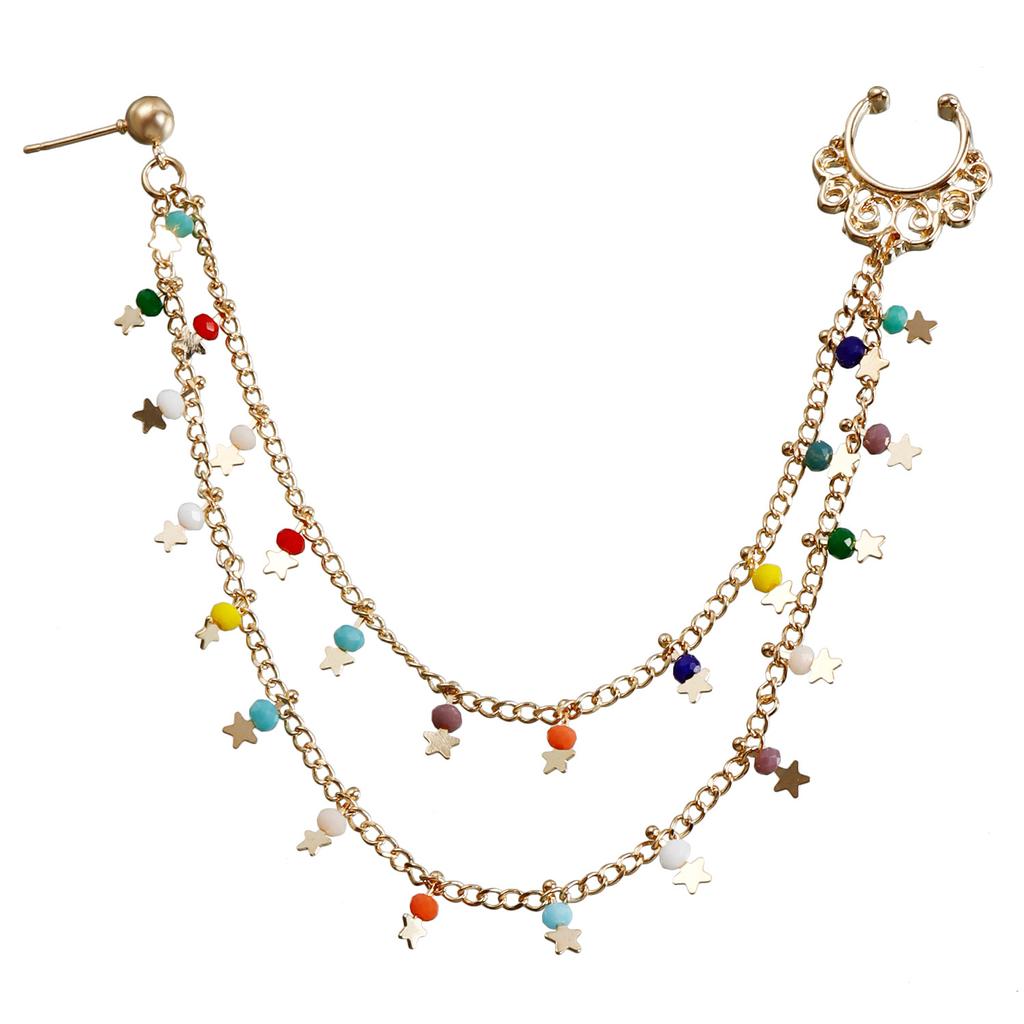 Ethnic Style Color Imitation Crystal Fringed Earrings Nose Ring, Sweet and Cool Star Piercing Nose Clip