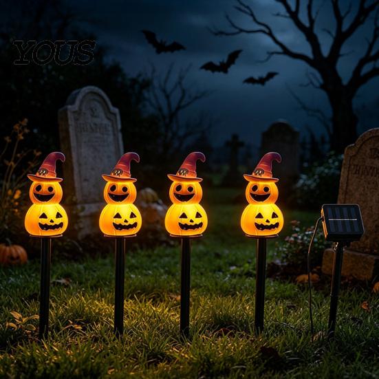 Solar Powered Yard Stakes 4Pcs/Set Halloween Ghost Stake Light, 4-in-1 Pumpkin with LED Outdoor Waterproof Garden Light Lights, Decorative