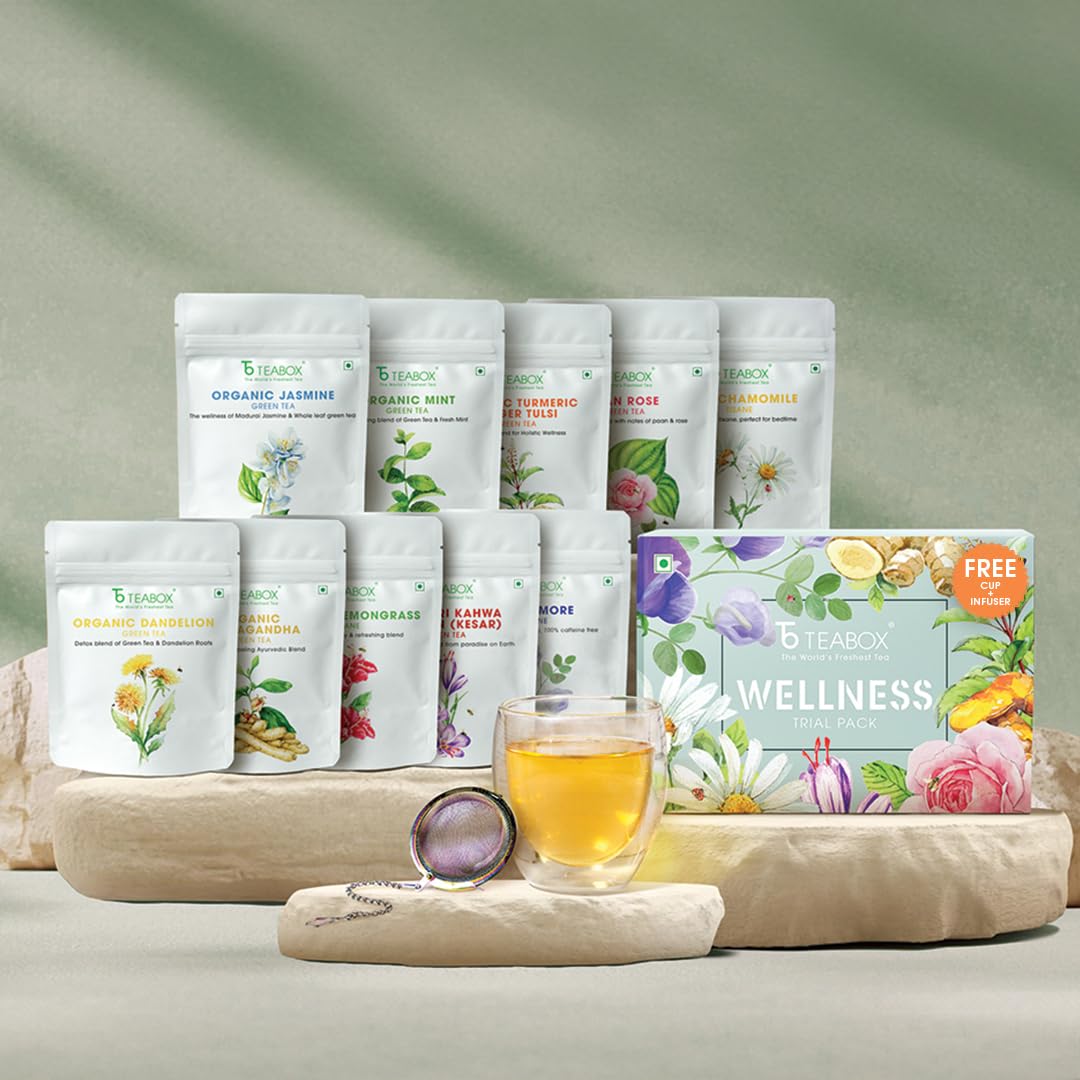 Teabox Ayurvedic Wellness Tea Trial Pack - 10 Premium Herbal & Green Teas, Free Valencia Glass Teacup & Ball Infuser - Relaxation, Detox, Immunity