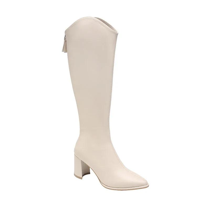 Dlouhé dámské kozačky Špičaté kožené kozačky Zip Silný vysoký podpatek Dámské rytířské kozačky 2025 Zima Dámská moderní kozačka Ke koleni Botas