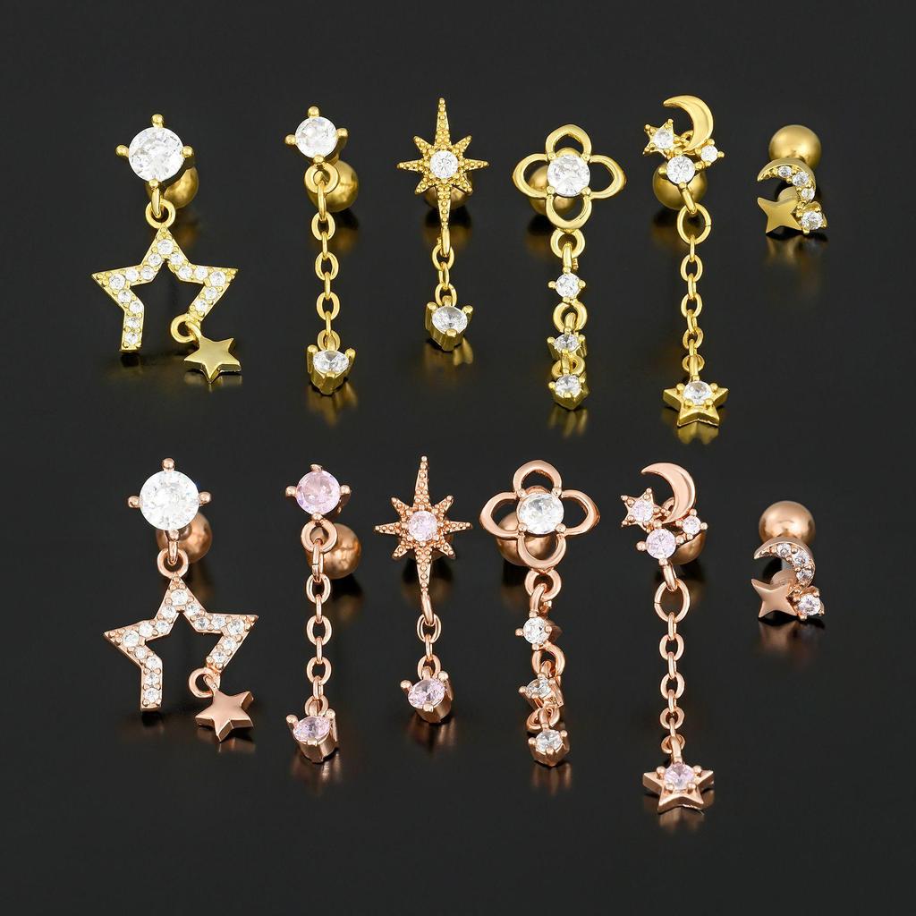 European & American Fashion Tassel Star Moon Zircon Geometric Ear Cuff & Studs for Sleeping