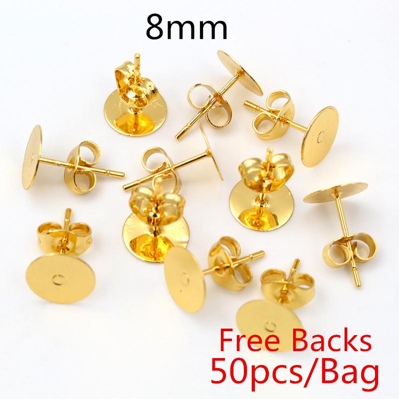 50-100 stuks/partij Gouden Roestvrij Staal Oorbellen Studs Lege Stiftbasis Pinnen Met Oorbellen Dop Sluitingen Oor Achterkant Voor DIY Sieraden Maken