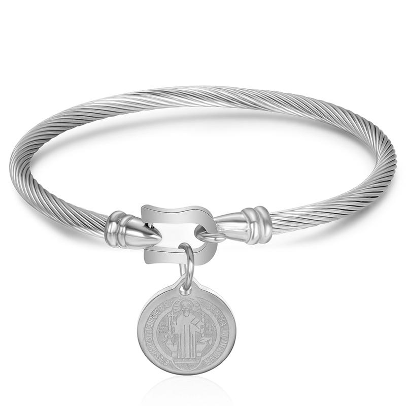 

Fashion Cuff Bracelet Bangles with Saint Benedict Charm Pendant Syainless Steel Wire Pulseira Jewelry Bracelets for Women Clear серебряный