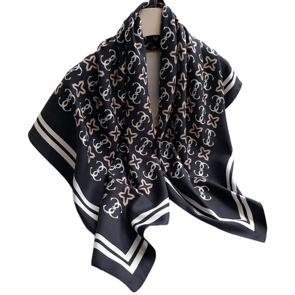 Women' Black Scarf 90X90 - Classic Monogram with a Bright Premium Style Frame