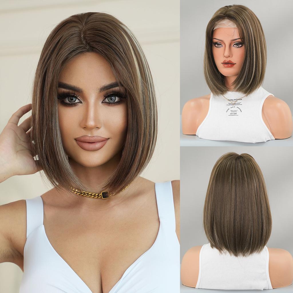 European American Small Lace Wig Full Headset Gradient Gold Wave Head Shoulder Length Women's Short Straight Hair