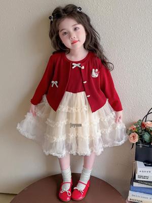 Trendiger 2025 Baby Mädchen Herbst Schleifen Cardigan und Kleid Set