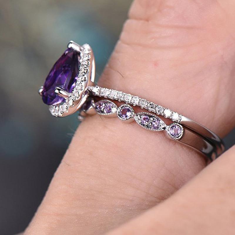 Charming Pear Purple Cubic Zircon Set Rings for Women Wedding Party Temperament Elegant Lady Accessories Fashion Jewelry