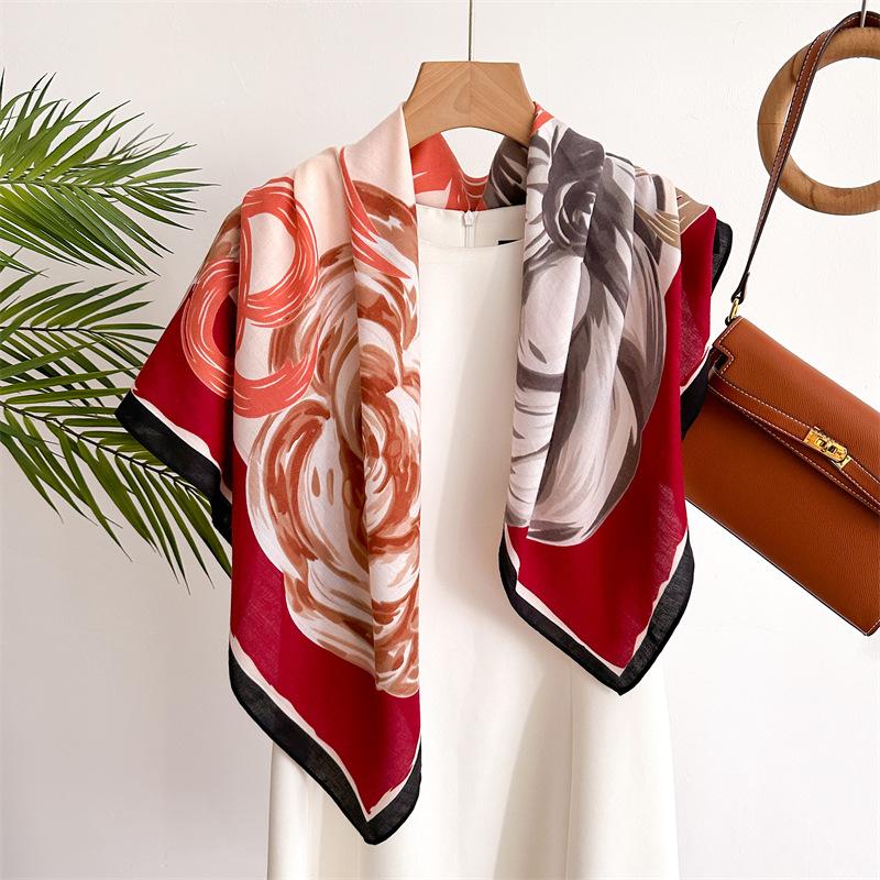 Flower 90 Imitation Silk Large Square Scarf Retro Large Printing Shawl Temperament Versatile Herringbone Scarf Headscarf Women