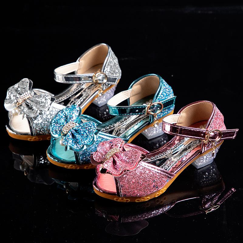 Girls Sandals Summer Children's Princess Shoes Little Girls High-heeled Bow-knot Crystal Sandals Party Dress Wedding
