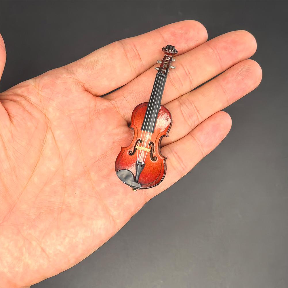 Miniature Wood Violin -Stand & Bow Wood Violin Replica Collectible Figurines Dollhouse Accessories Model Home Display Ornament
