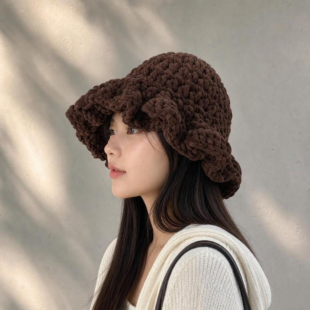 Sweet Ruffled Edge Fisherman Hat Cable Knit Winter Warm Bucket Hat Windproof Knitted Beanie  Women