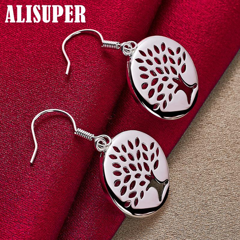 925 Sterling Silver Circle Tree Drop Earrings Jewelry