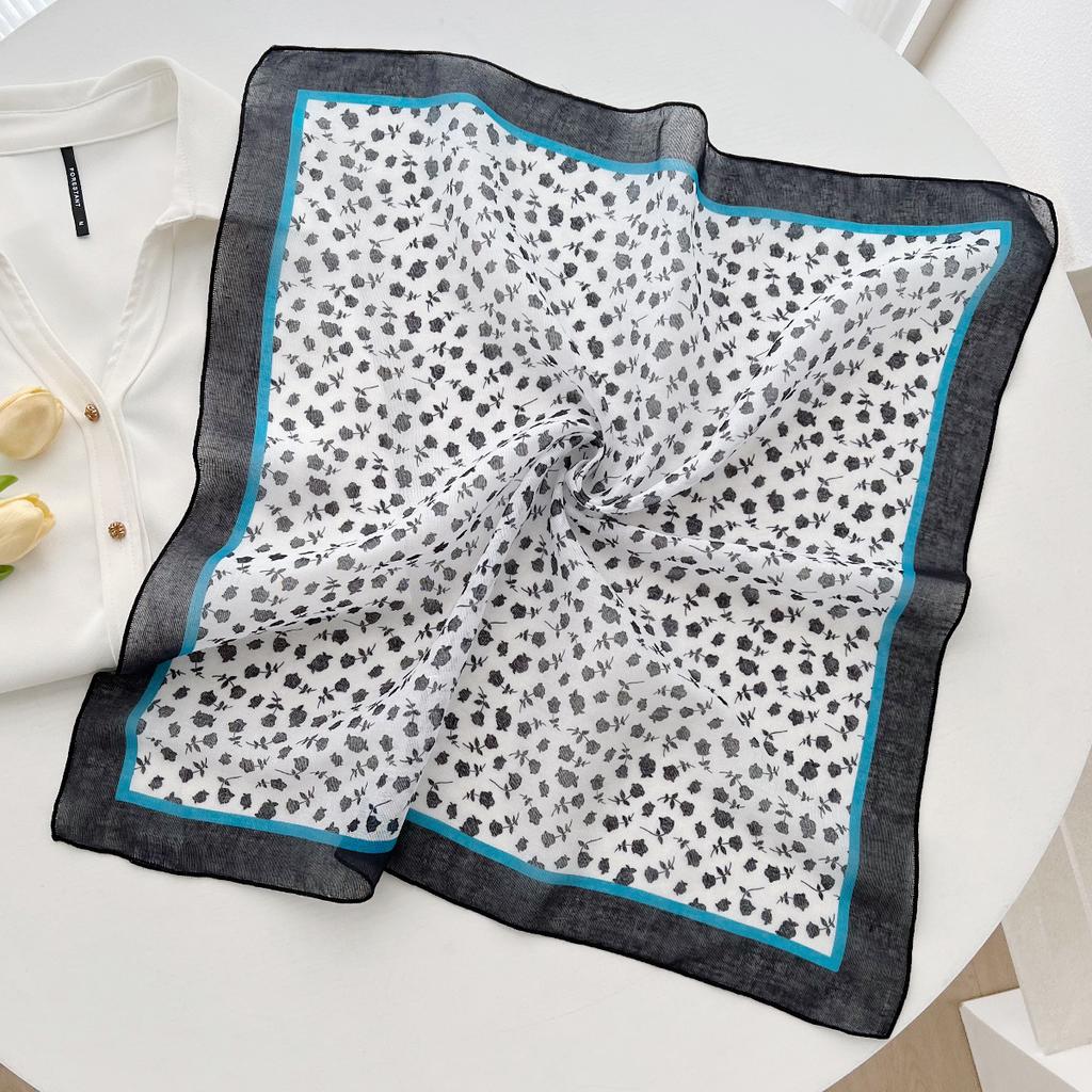 New floral versatile retro cotton and linen small square scarf silk scarf accessories neck women's headband tied hair long scarf