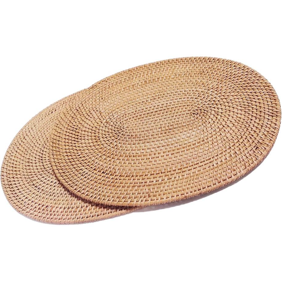 Set of 2 Oval 15.7x11.8IN Natural Handmade Rattan Placemats Rattan Insulation Heat-Resistant Mat Pot Holder Tripod