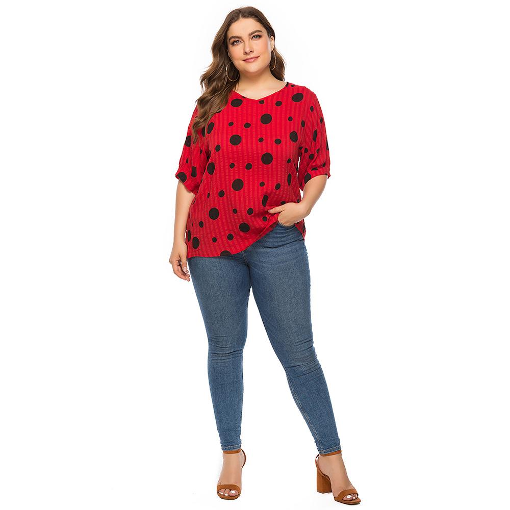 Sommerskjorte for kvinner Stor størrelse Polka Dot Print Løs Uformell kortermet T-skjorte